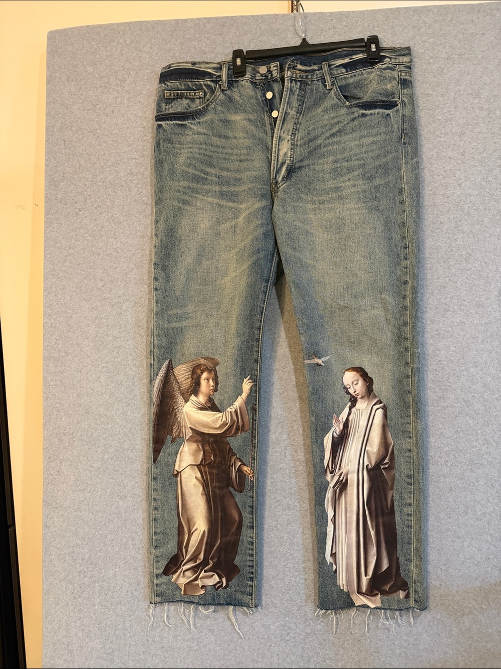 MNML Men's Light Blue Straight Jeans with Religious Artwork